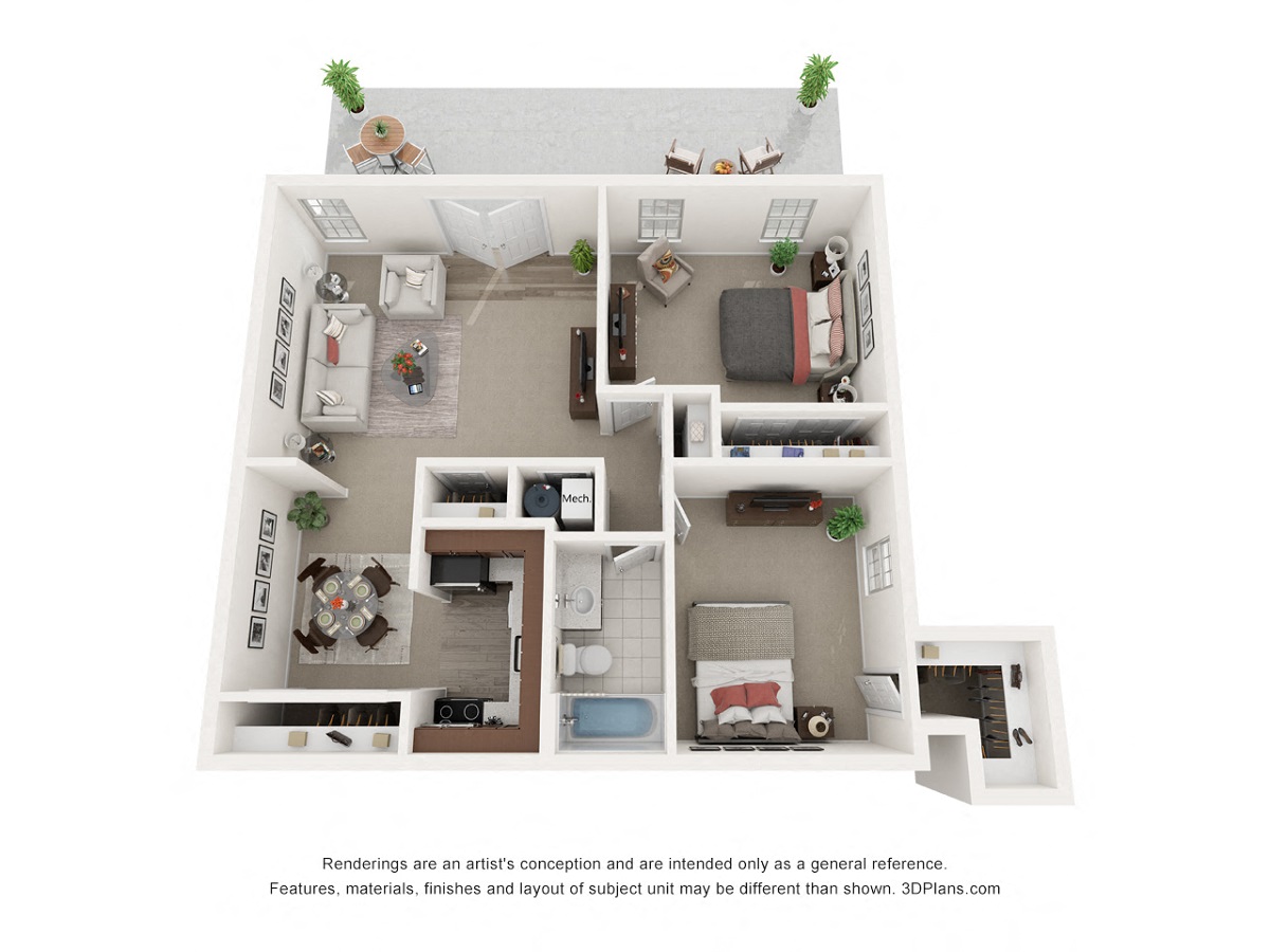 Floor plan for 2 beds, 1 bath, 887 sqft